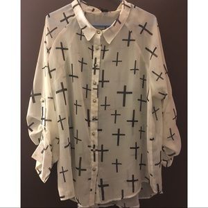 Debs Sheer Cross Button Up Blouse